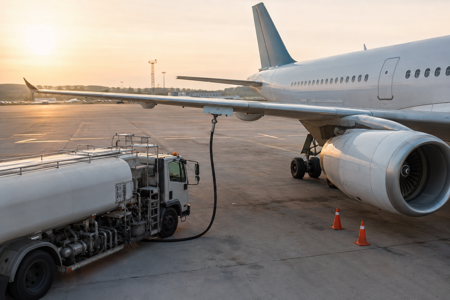 Avión de pasajeros durante el repostaje con un camión cisterna en la plataforma del aeropuerto