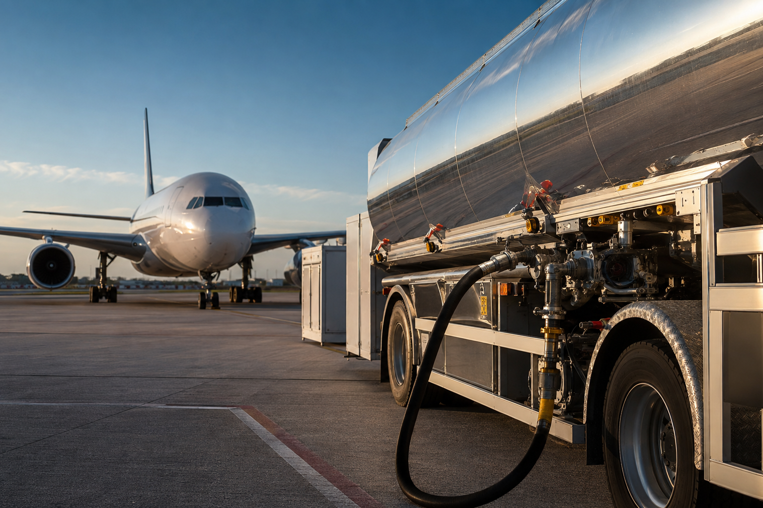 Avión y vehículo de repostaje en la plataforma de un aeropuerto