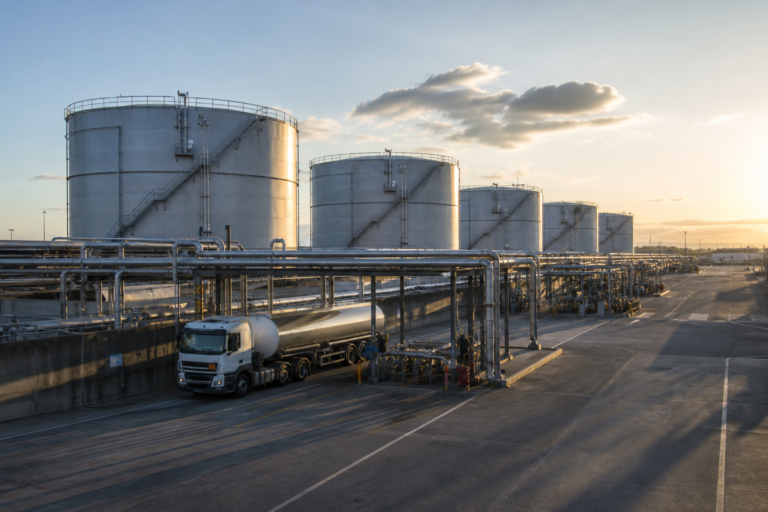 Tanques de almacenamiento y camiones cisterna en una terminal de carga de productos petrolíferos
