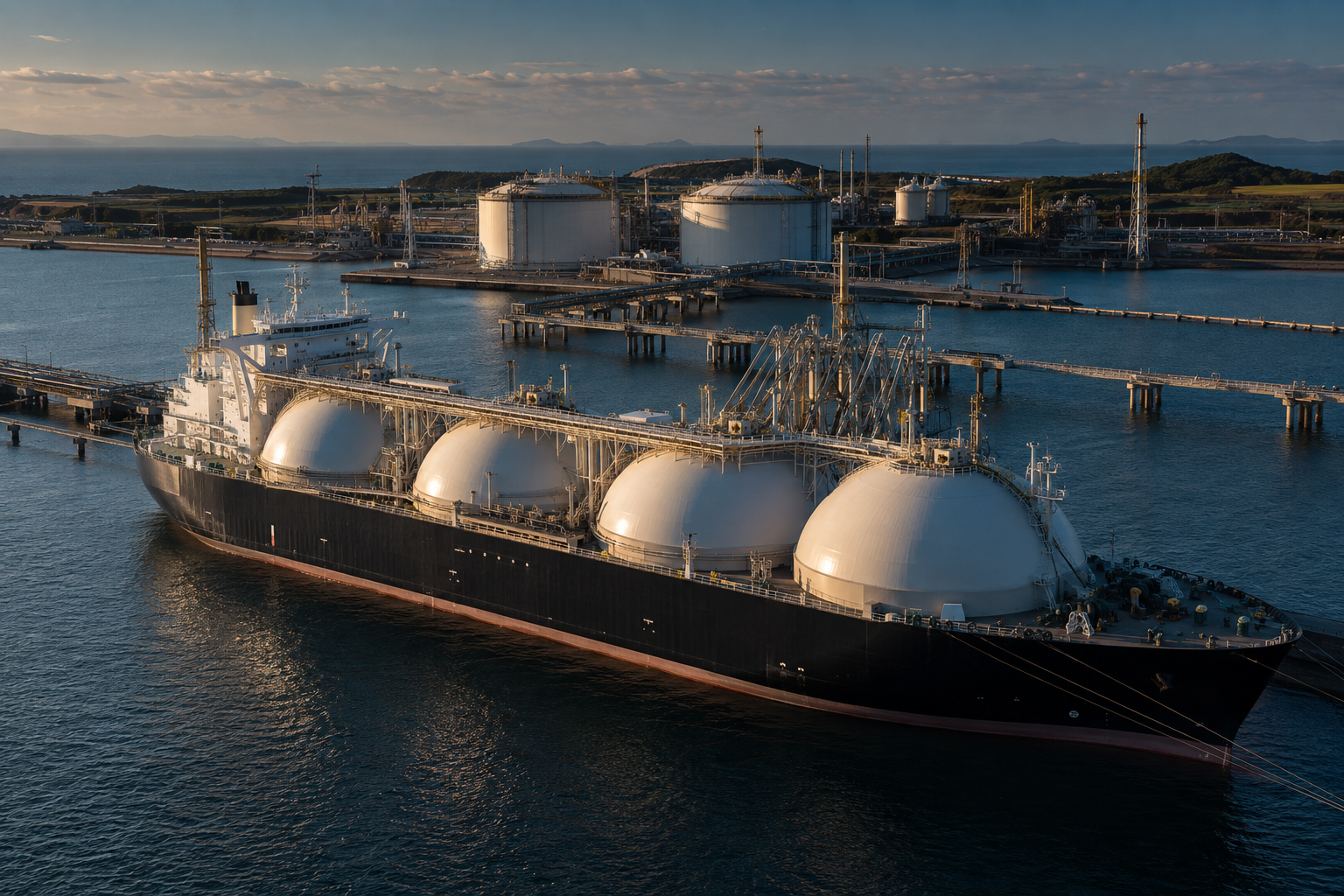 Buque metanero en una terminal de gas con tanques de almacenamiento