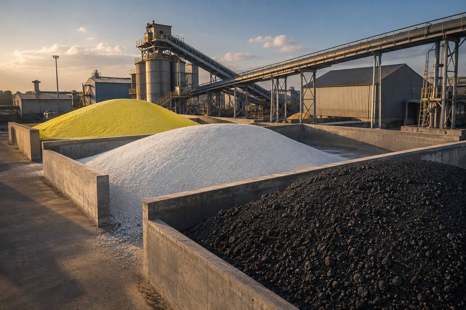 Zonas de almacenamiento separadas para azufre, urea y coque de petróleo en una instalación industrial
