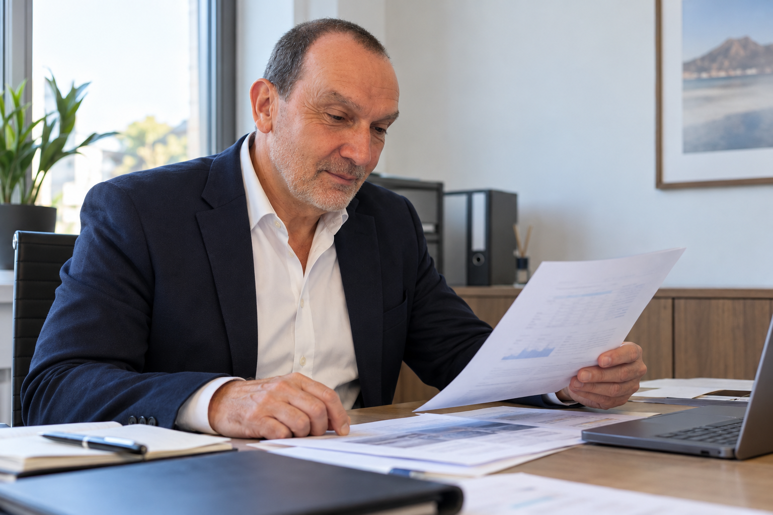 AI-generated illustration of Jochen Kaminski at a desk reviewing business documents
