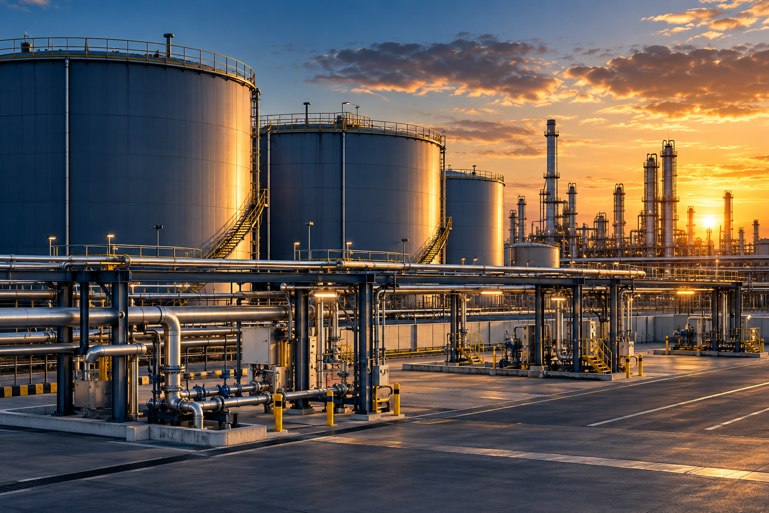 Grandes tanques de almacenamiento y tuberías de una refinería bajo la cálida luz del atardecer