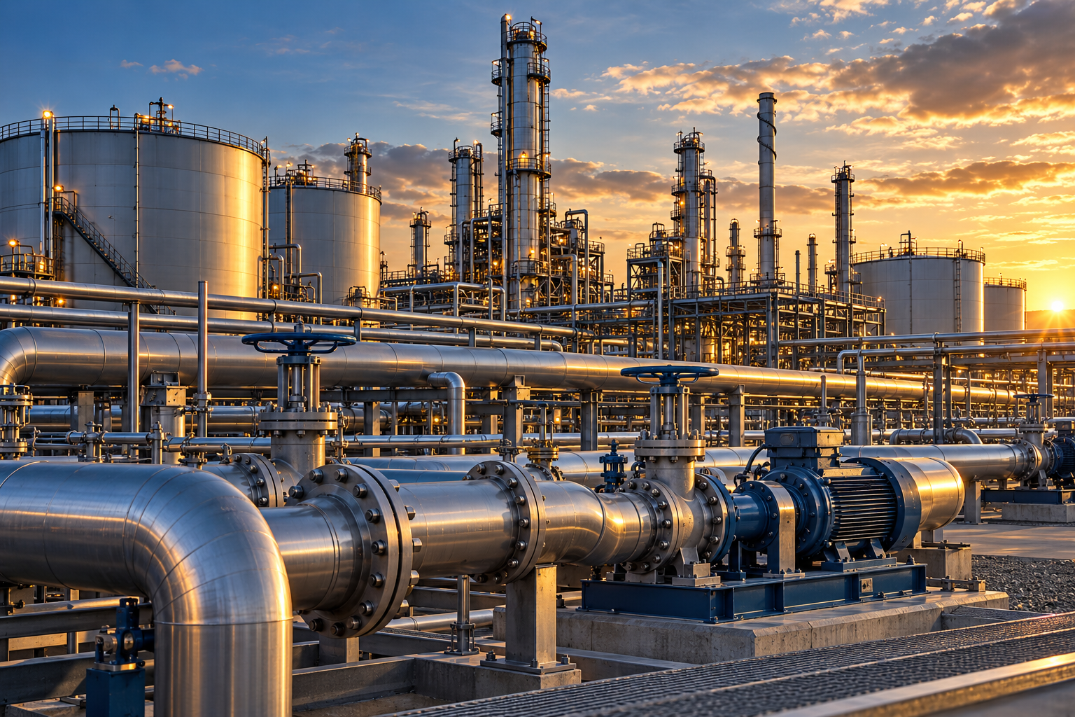 Tuberías aisladas, válvulas y bombas frente a tanques de almacenamiento y torres de destilación de una refinería